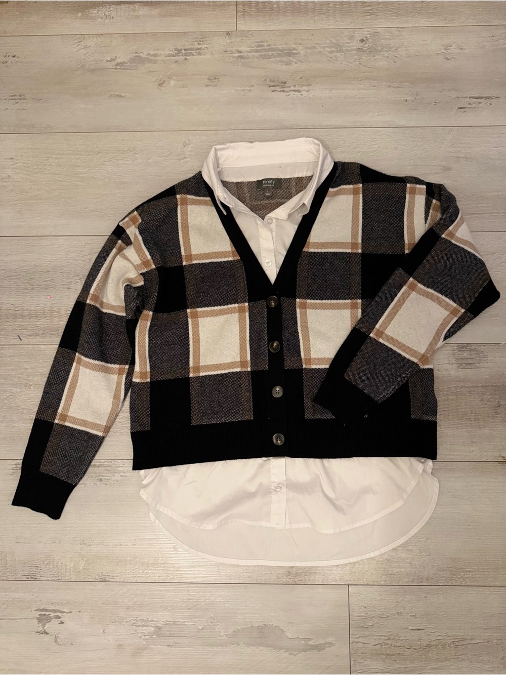 Chunky Plaid Button-Front Cardigan Sweater - Black, Cream & Brown